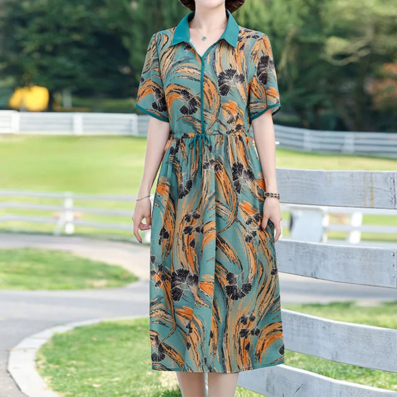 

Vintage Floral Printed Summer Simplicity Commuting Turn-down Collar Bandage Short Sleeve Middle Length A-line Dresses Female