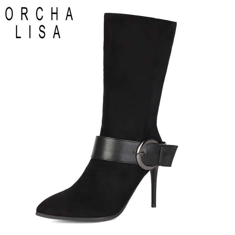 ORCHA LISA 2026 Sexy Women Mid Calf Boots Pointed Toe 10cm Stiletto Heel Zipper Belt Buckle Plus Size 44 45 46 Black Brown Botas