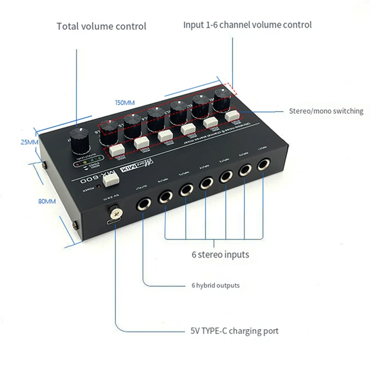 Mixer di linea Stereo a 6 canali a bassissimo rumore Mini Mixer audio professionale alimentatore DC5V Mixer Audios di facile utilizzo