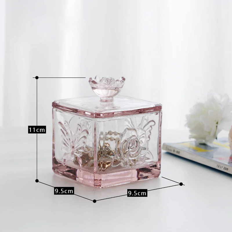 Glass Jewelry Jar Rose Crystal Cosmetics Cotton Swabs Candy Box Candle Holder Exquisite Household Lid Storage Bottle Home Decor