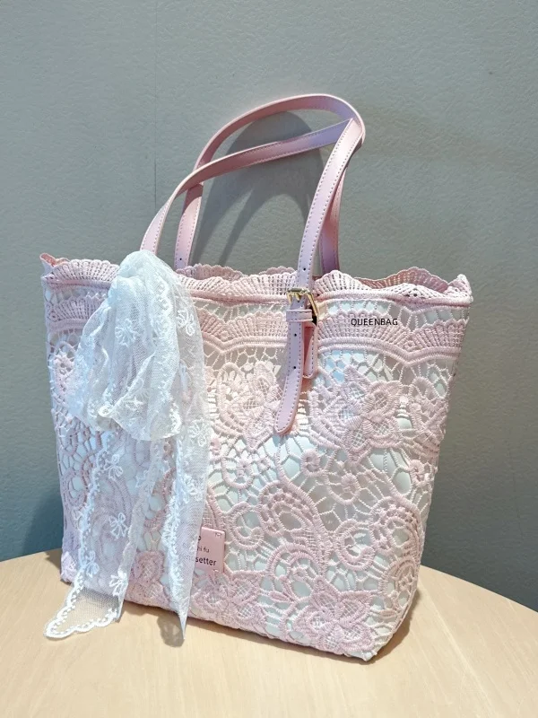 NOVEDAD DE VERANO 2021, bolso de mano de encaje de gran capacidad, bolso de mano tejido con lazo de encaje para mujer, mochila de moda para vacaciones en la playa para niña