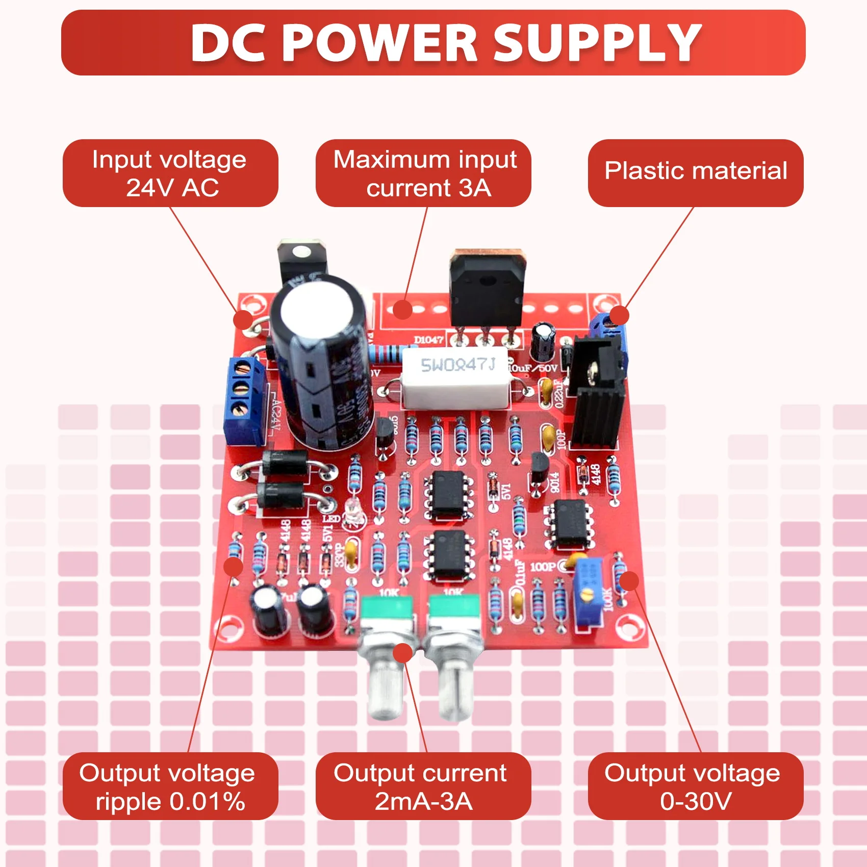 AB25-0-30V 2Ma-3A Adjustable DC Regulated Power Supply DIY Kit Short With Protection