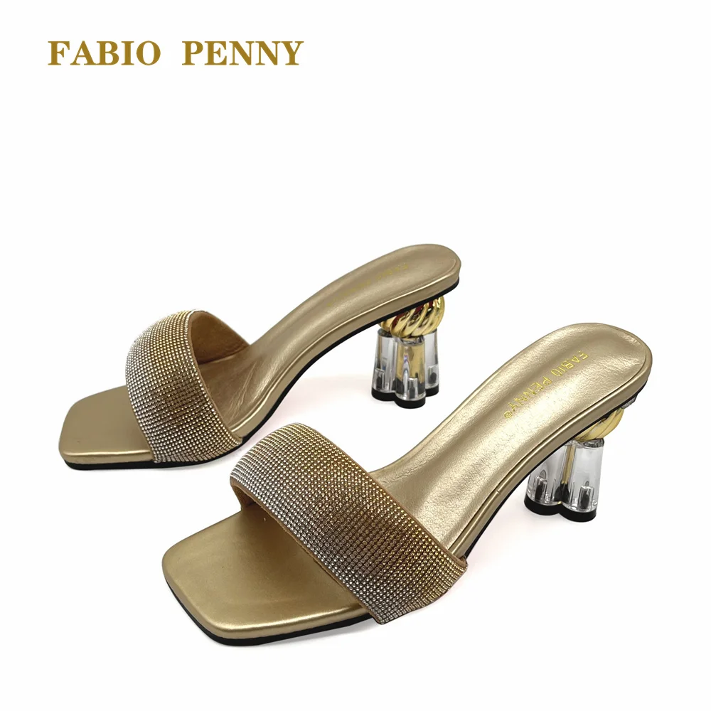 FABIO PENNY Summer Fashion Ladies Crystal Gold High Heels Slippers For Dinner Party Colored Rhinestone Slippers for Ladies