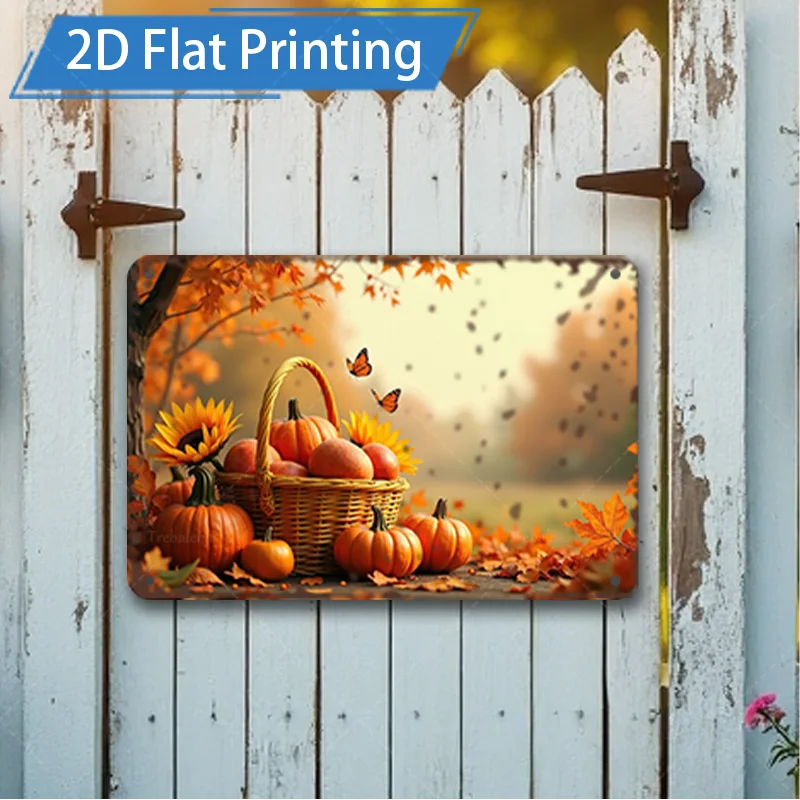 [2D FLAT] Металлический знак, 1 шт., 8x8-дюймовая корзина с тыквой для осеннего урожая, 2D металлический настенный художественный декор с плоским принтом