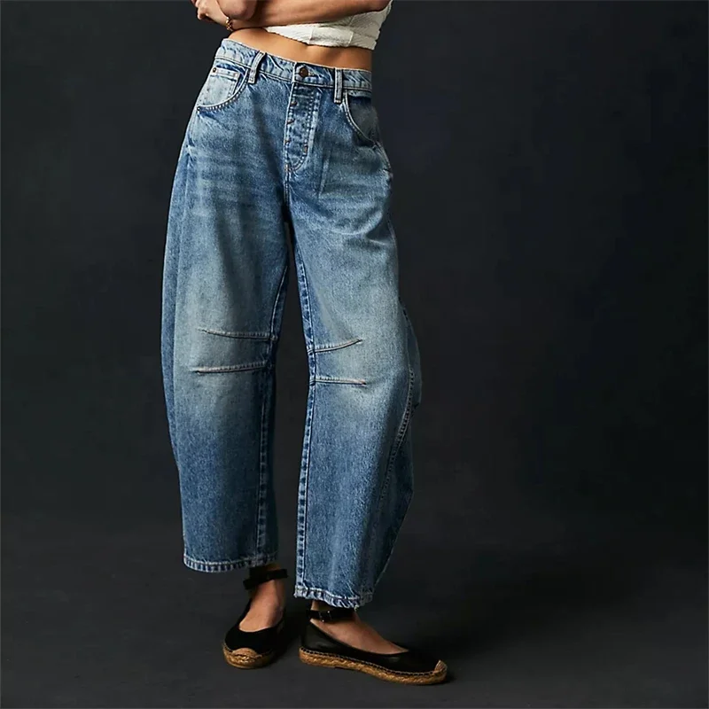 

High Stretch Mid-Rise Jeans Fashion Wide Leg Shape Women Casual Baggy Mid Waist Denim Jeans