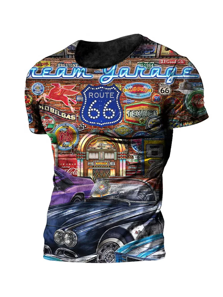 خمر 66 الطريق تي شيرت للرجال ثلاثية الأبعاد مطبوعة السائق موتور الرجال تي شيرت المتضخم تي شيرت الطريق 66 سباق قصيرة الأكمام Camiseta #4