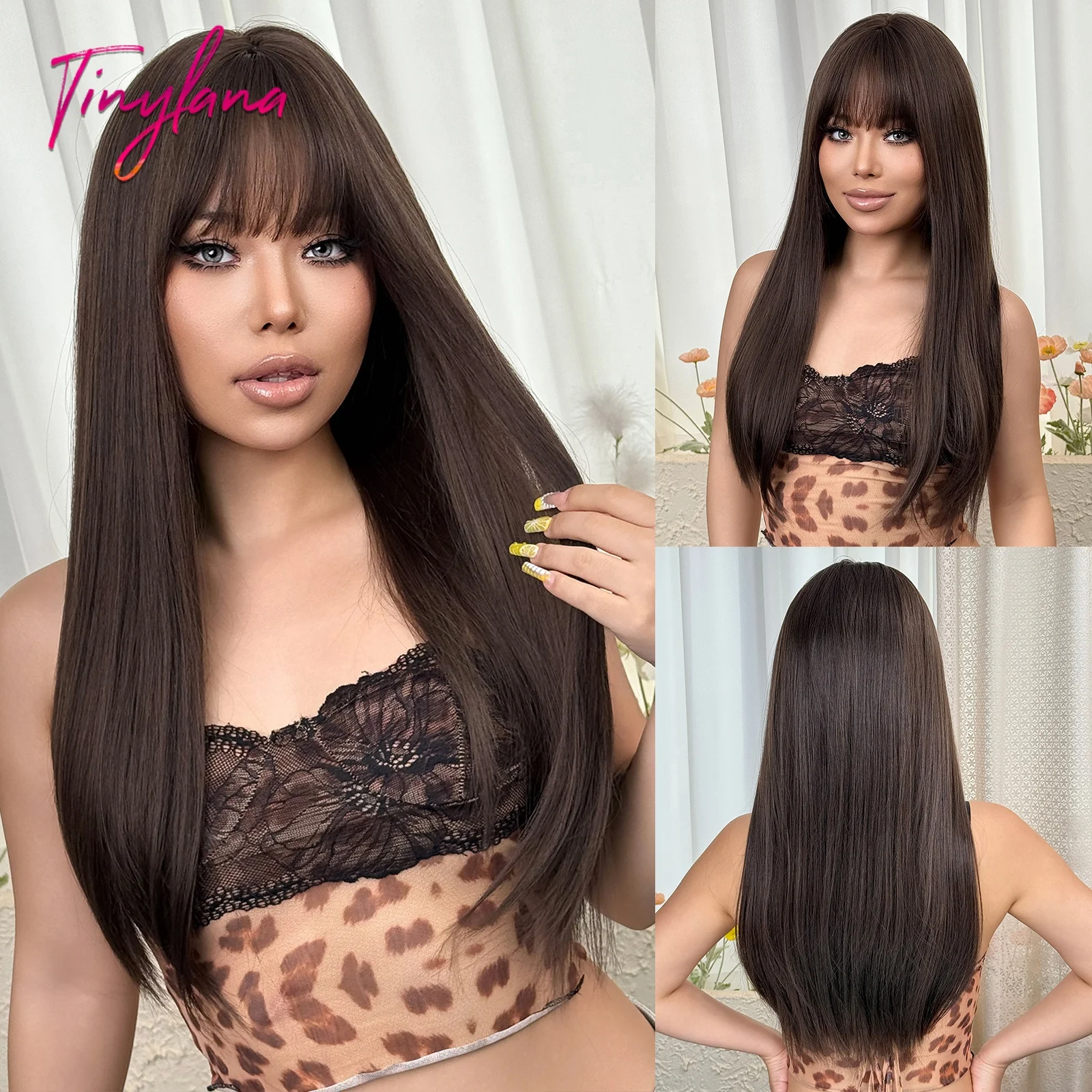 

Natural Brown Long Straight Synthetic Wig Female with Bangs Heat Resistant Lolita Cosplay Hair for Women Daily Party Wear