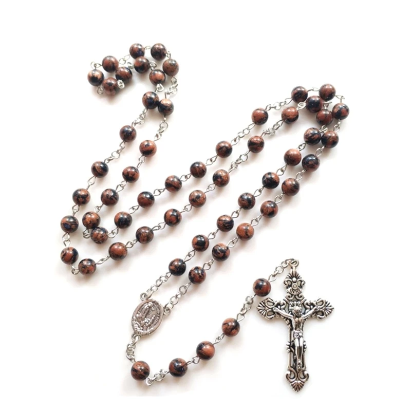 Natural Sand Beads Rosary Necklace Crucifix Pendant Catholic Religious