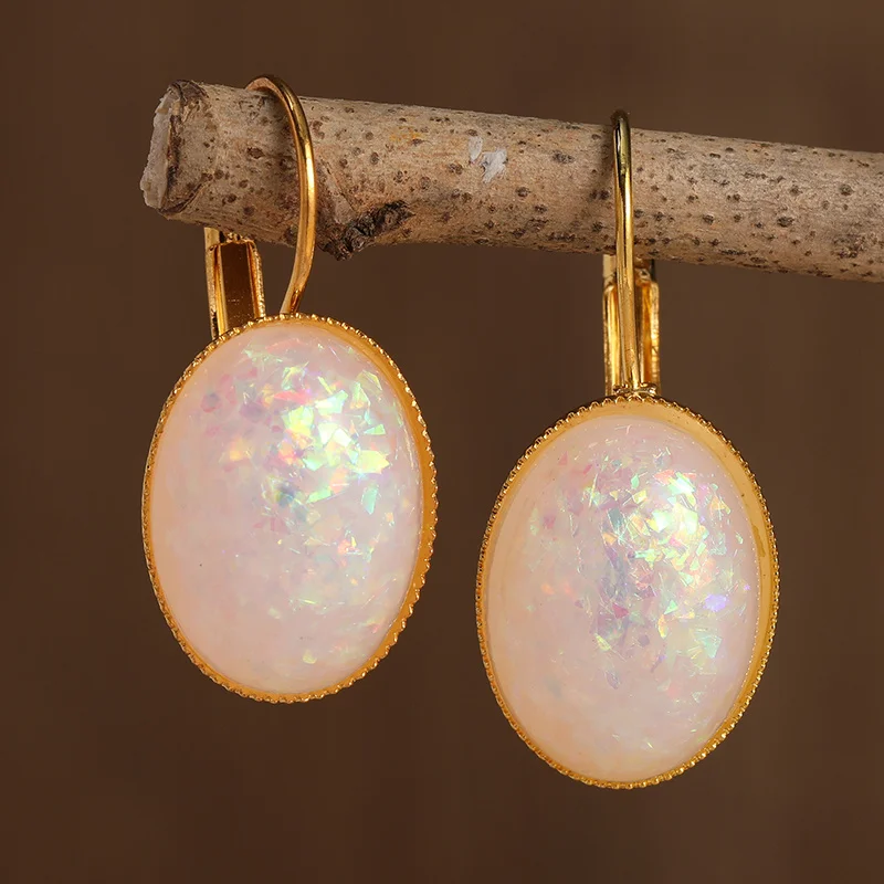 Bridal Oval White Fire Opal Earrings for Bride Earrings Cute October Birthstone Leverback Gold Color Earrings Jewelry