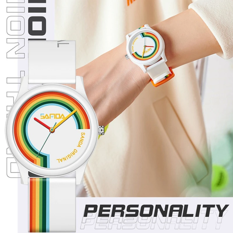 SANDA3219 قوس قزح شبكة سيليكون حزام ساعة الطالب أسلوب بسيط للغاية موضة الاتجاه مقاوم للماء الساعات للرجال Reloj Hombre