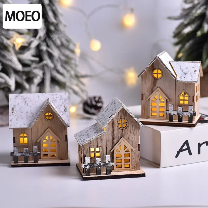 Decoración navideña con luz LED, casa pequeña de madera, mesa, chalet