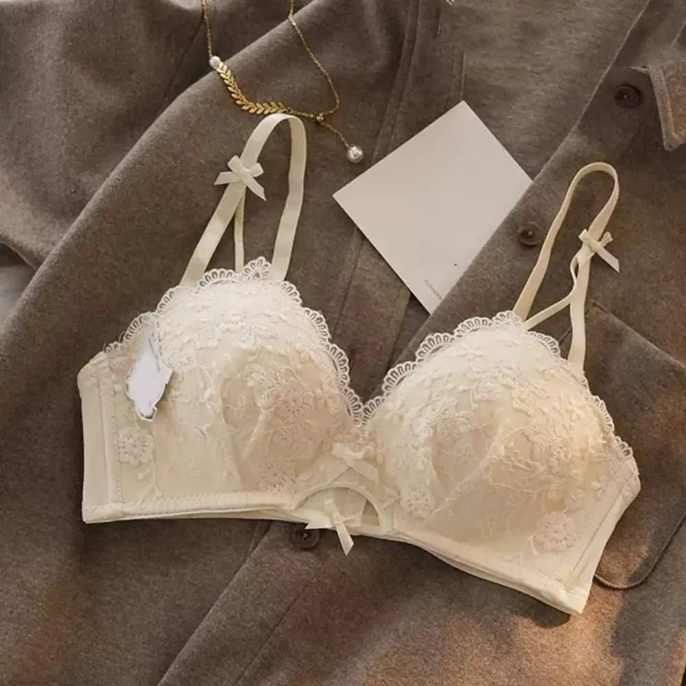 Süßer, atmungsaktiver Spitzen-Blumen-BH, dünner, verstellbarer Push-Up-BH, Dessous, Schleife, tiefer V-BH, Geschenke