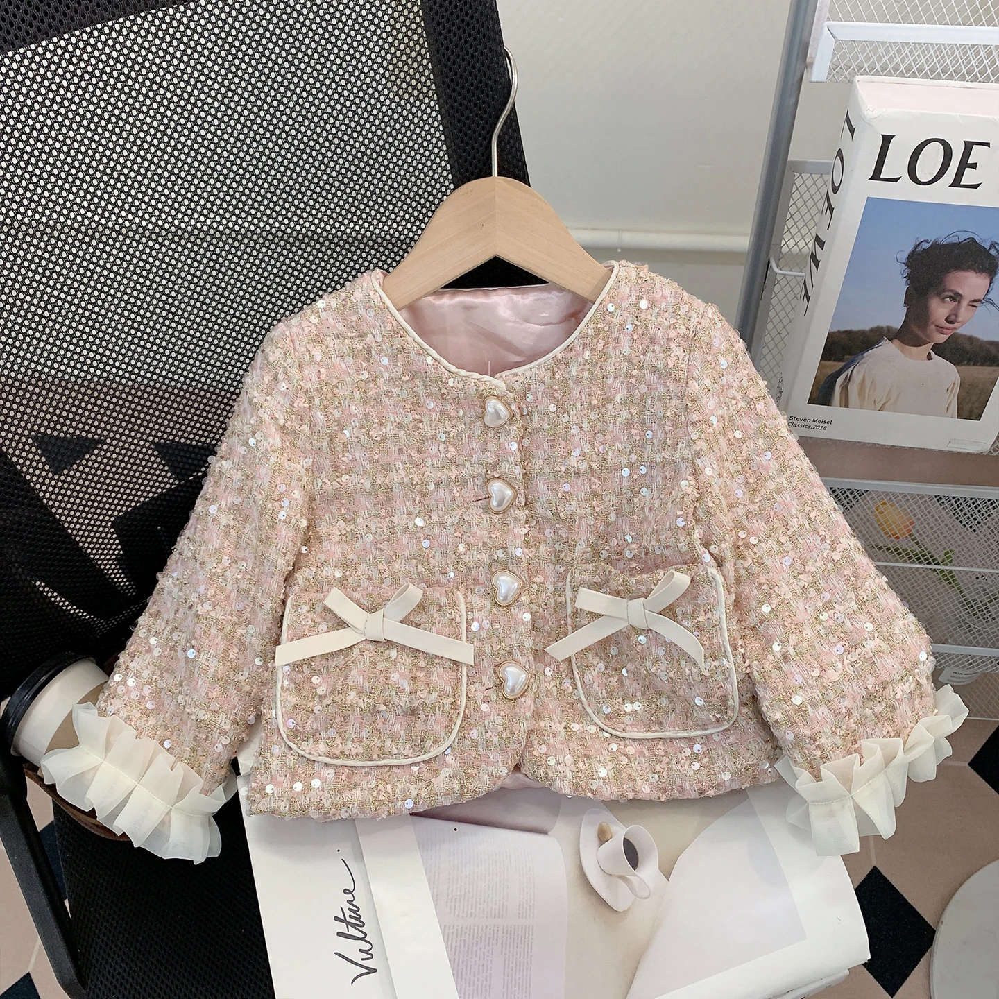 

Autumn Girls' Pink Sequin Coat Fashion Bow Mesh Splicing Long Sleeve Jackets Love Button Round Neck Princess Top Outerwear