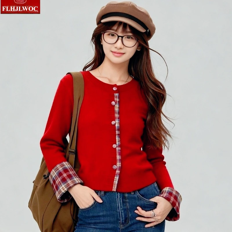 

Short Cardigans Patchwork Red Plaid Sweater Outerwear Cute Girls Preppy Style Retro Vintage Top Knitted Sweaters Short Coats