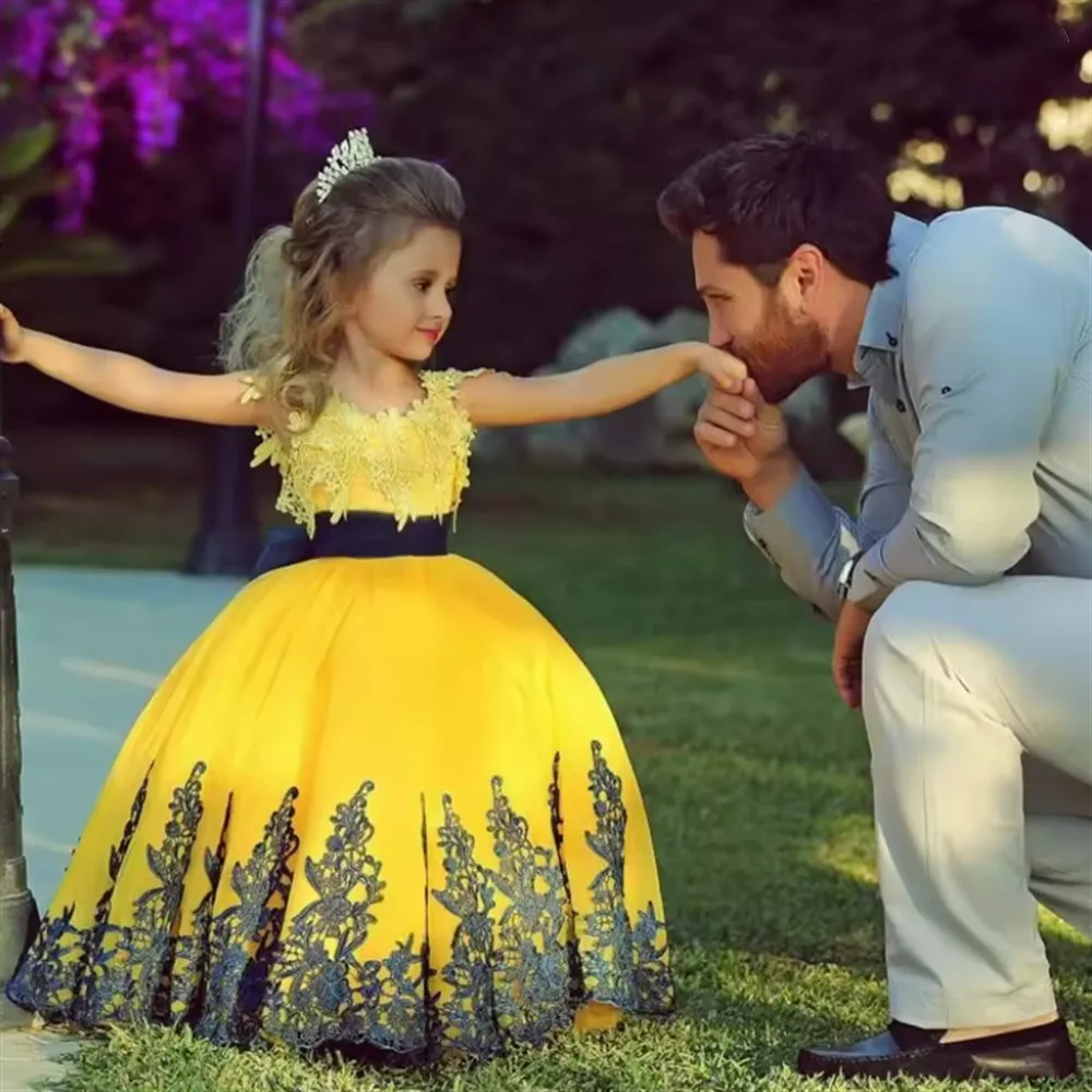 

Yellow Flower Girl Dresses For Weddings Ball Gown Hi Low Tulle Tiered Long Kids First Communion Party Dresses For Little Girls