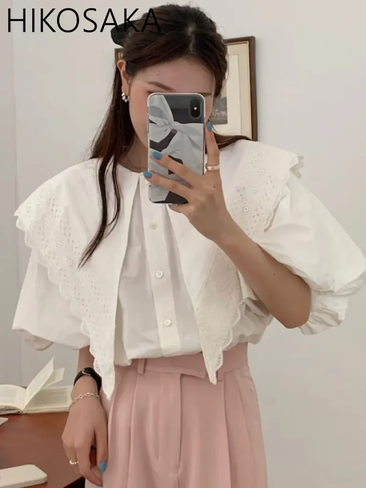 

Chic Lace Hook Flower Patchwork Pointy Collar Blouse Women Solid Elegant Lantern Sleeve Shirts Korean Casual Buttoned Blusas