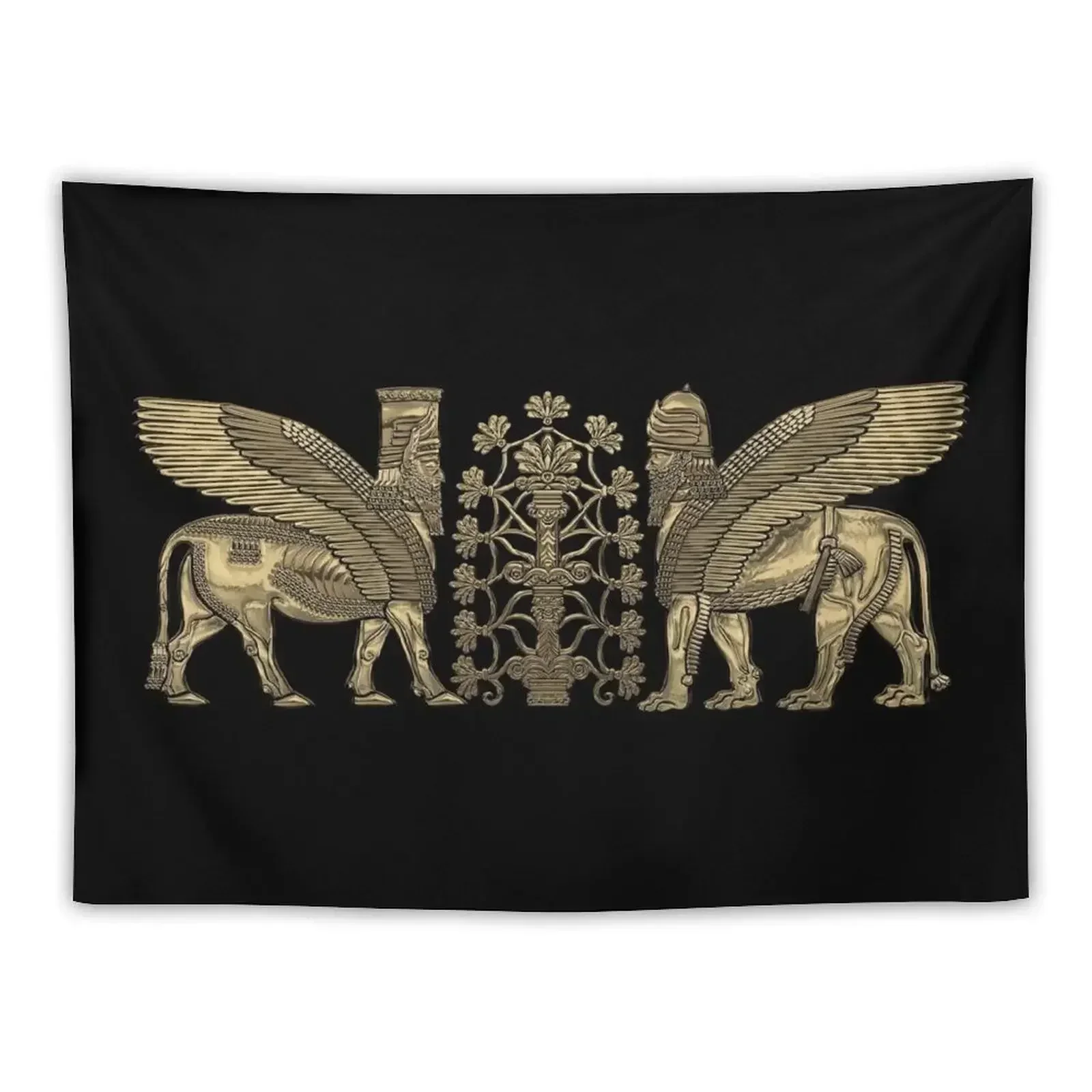 

Gold Assyrian Winged Lion and Winged Bull - Lumasi with Tree of Life over Black Canvas Tapestry Wall Coverings Tapestry
