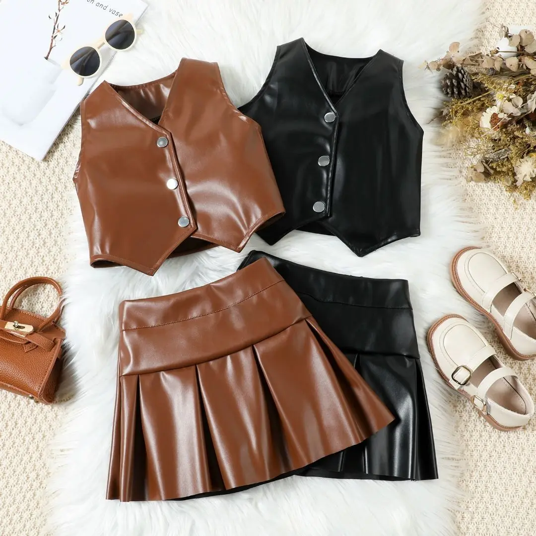 

Temperament Leather Vest Set Baby Pleated Skirt Two-piece Set