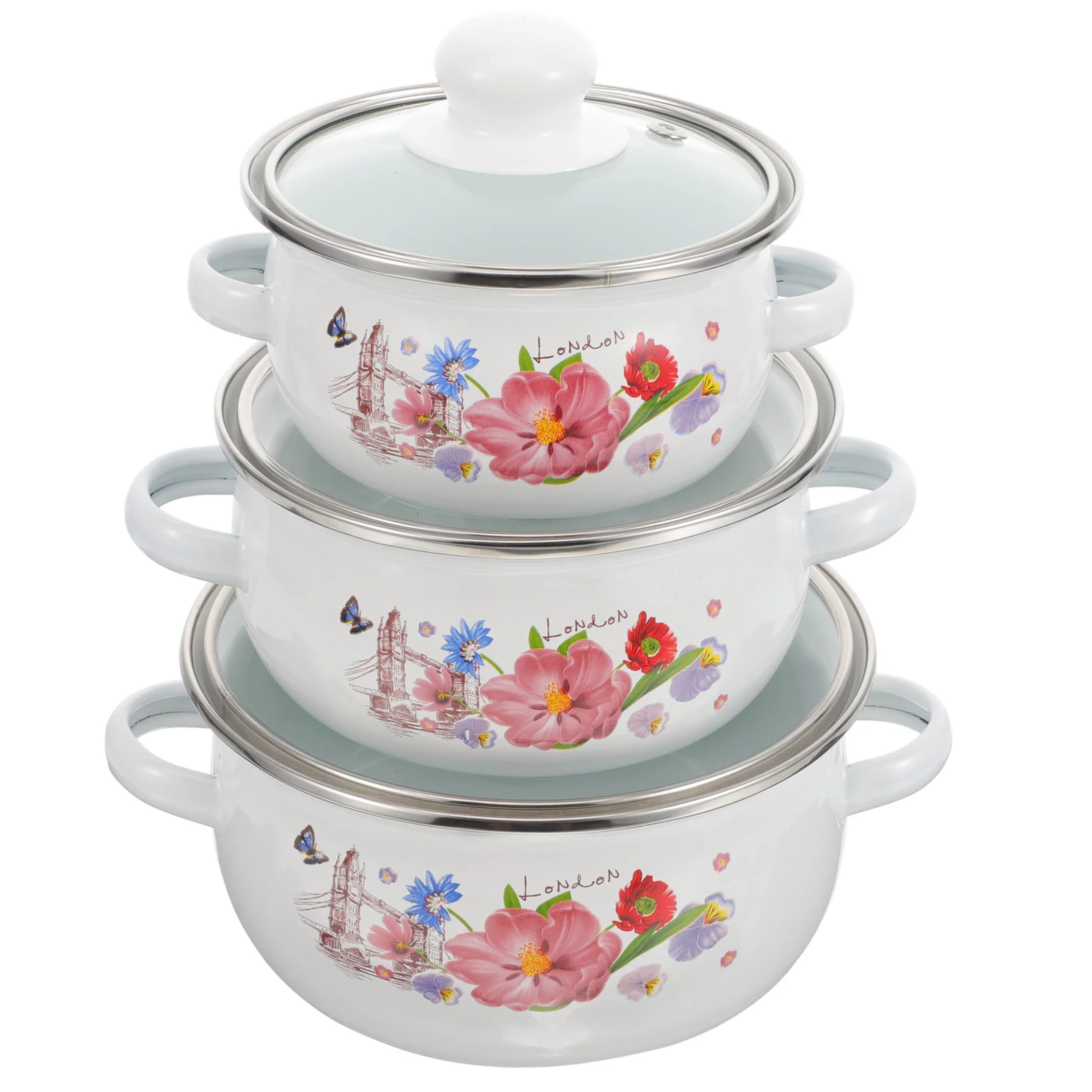 

3 Pcs Enamel Pot Portable Cooking Hotpot Stew Camping Cookware Kitchen Soup Saucepan