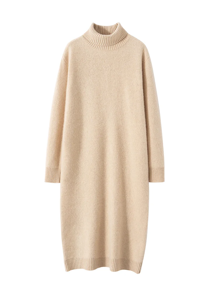 100% Cashmere Sweater Long Dress New Women High Turn-down Collar Pullover  Soft Cosy Autumn Winter Casual Solid Knitwear Dress