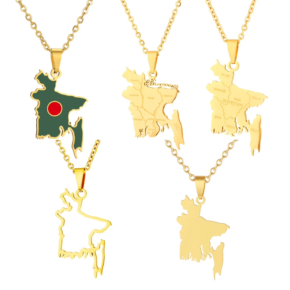 Bangladesh Map Flag Pendant Necklaces for Women Girls Stainless Steel Bangladeshi Maps City Jewelry Bengali Gift