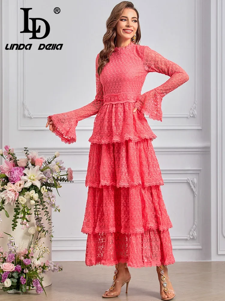 LD LINDA DELLA Fashion Designer Autumn Dresses Women's Vintage Floral Embroidery Net Yarn Cascading Ruffle Elegant Dresses