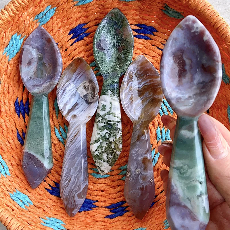 Natural Spoon Shape Ocean Jasper Moss Agate Stone, Spirit Crystal, Healing Energy, Quartz, Home Decorations, Tableware Gifts