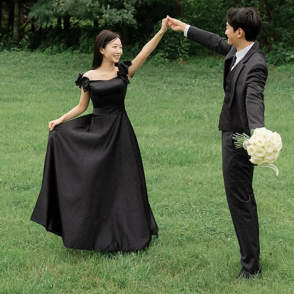 

Bowith Korean Black Evening Dresses Customized Off the Shoulder Bow Party Dresses Corset Wedding Snap Dresses
