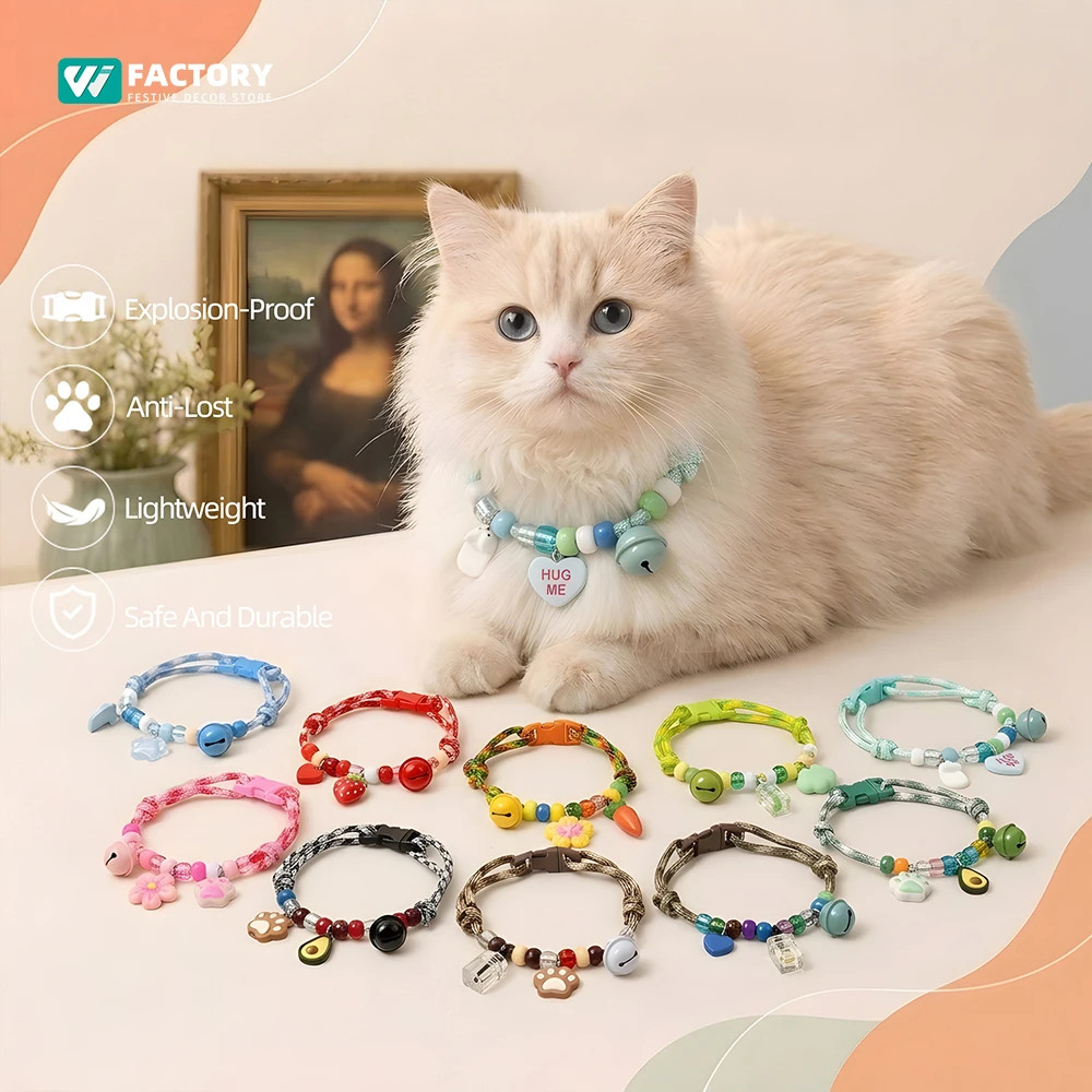 Pet Beaded Necklace Accessories Skin-friendly Braided Rope Collar Dog Cat Adjustable Bells Collar Anti-lost Safety Pet Supplies