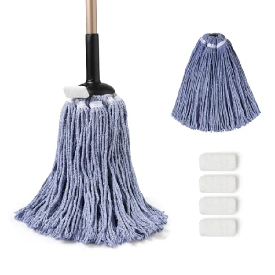 Heavy Duty Floor Mop, Non-Touch Replacement, 2 Reusable Cotton Heads, 4 Scouring Pads, Industrial Wet and Dry Mops for Home and
