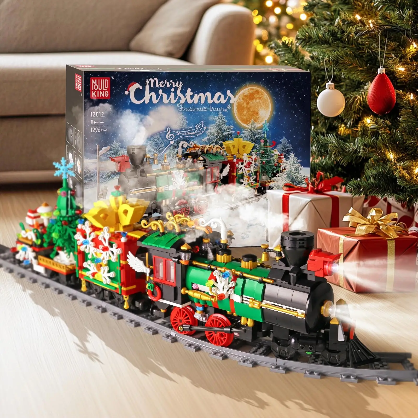 MK 1296 Pcs Christmas Train Building Kit with Motor & LED Lights - Collectible Holiday Display Model w/Track for Kids 8+ , Adult