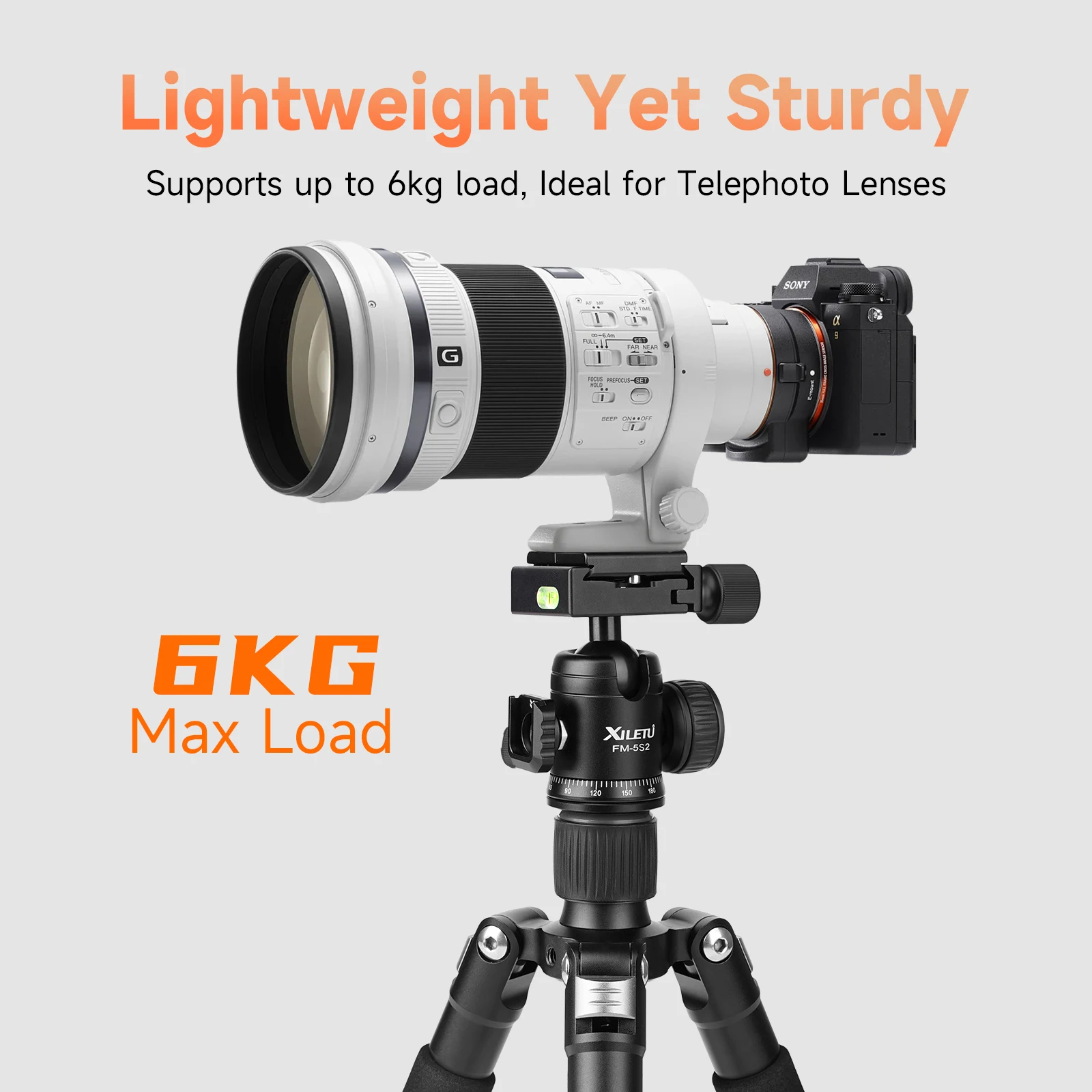 XILETU Lightweight 5-Section Tripod Adjustable Height Detachable Cold Shoe for DSLR Mirrorless Telephoto Lens