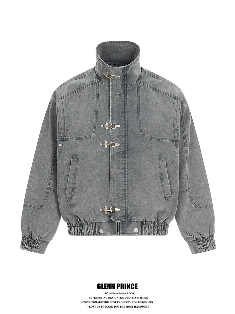 

American Retro Aircrt Bule Stand Collar Jeans Jaet Spring ort Wide High Sense Cool Outerwear Men's Loose Fit Casual C...