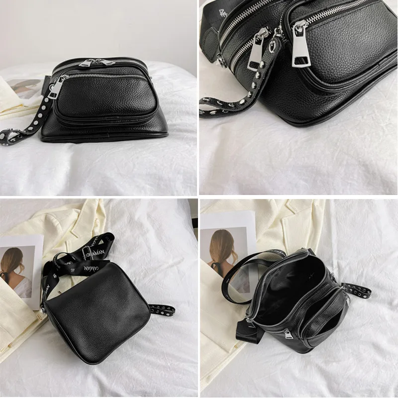 High Quality 100%Natural Cowskin Female Shoulder Crossbody Tote Genuine Leather Saddle Bags For Women Casual Wide Strap Handbags