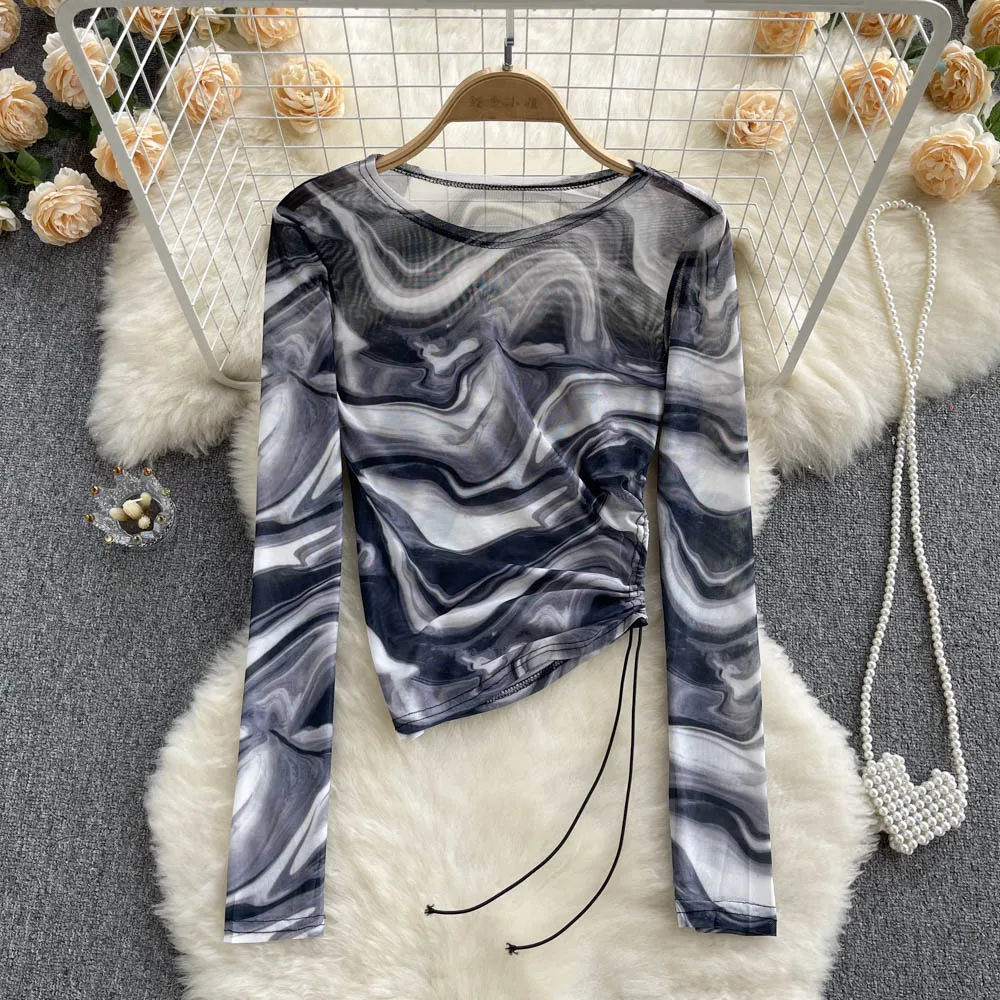 Women Mesh Tie Dye Long Sleeve T Shirt Bodycone Sheer O Neck Tops Female Shirring Tees Y2k Tops Crop Top Summer