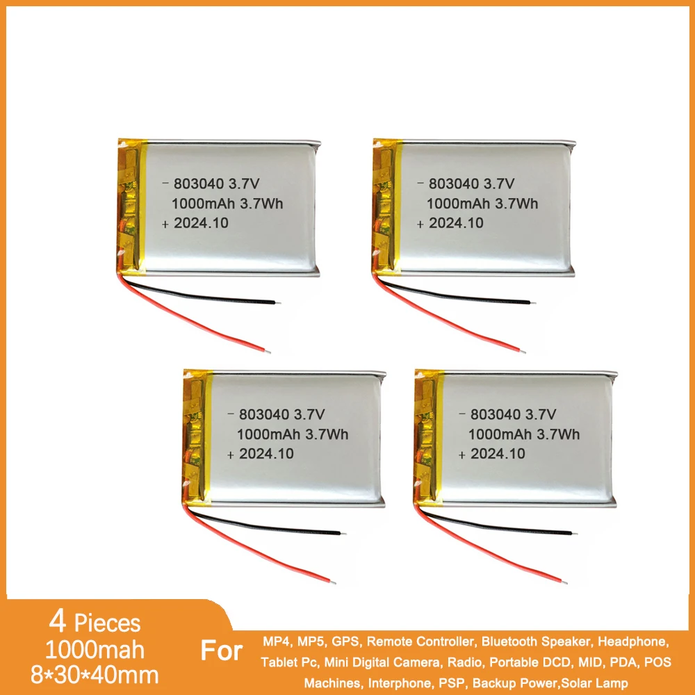 4 pezzi 803040   Batteria Lipo 1000mah 3.7V Batteria al litio per altoparlante Bluetooth PDA MP5 DVD GPS VR DVR Lettore Macchine POS portatili