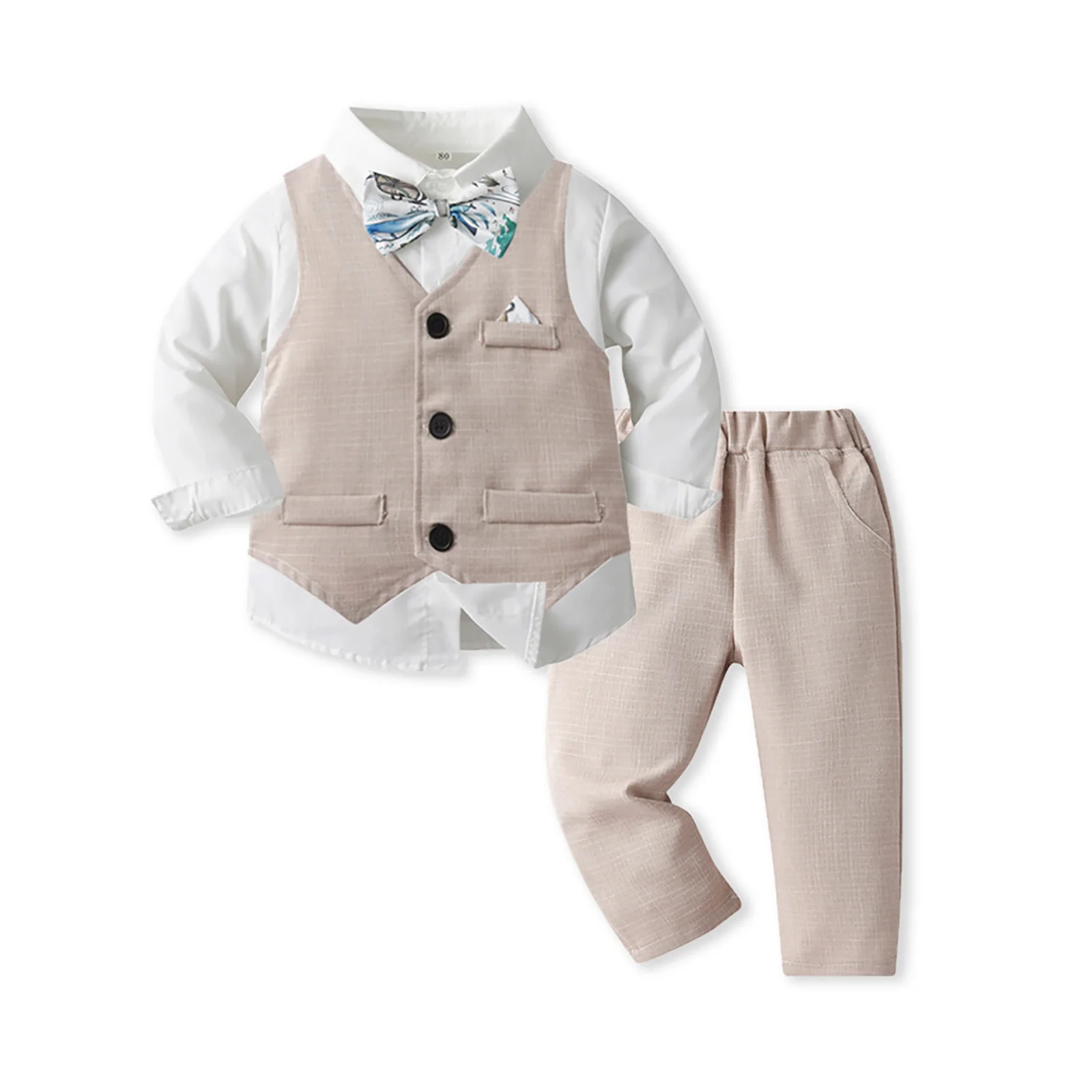 

Boys Party Pants Sets Boy Solid Color Long Sleeve Shirt Overalls Set Fashion Printed Gentleman Trousers Suits Formal Outfits