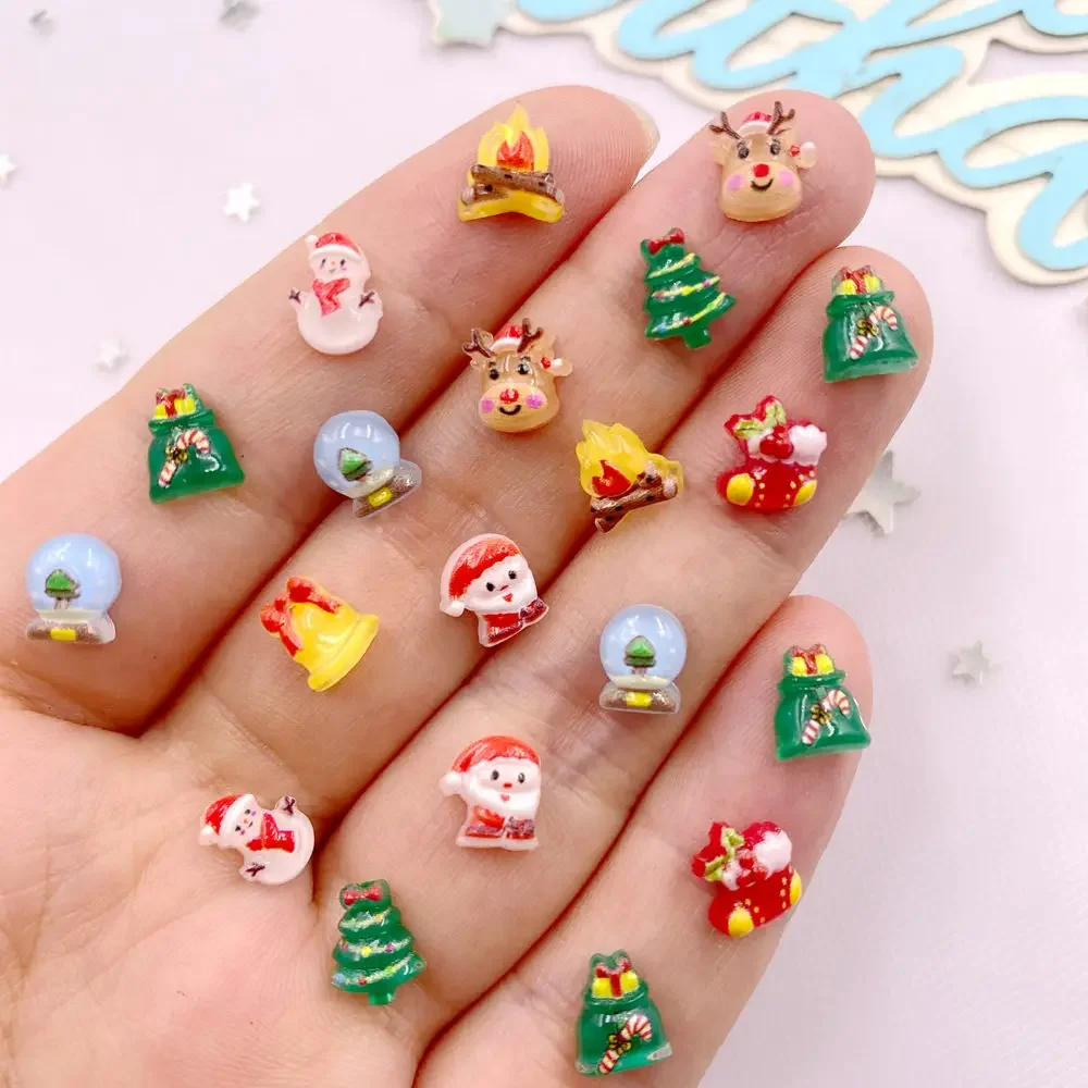 100pcs Resin Mini Colorful Santa Claus Snowman Christmas Tree Deer Holy Fire Flat Back Nails Art Decor DIY Scrapbook Accessories