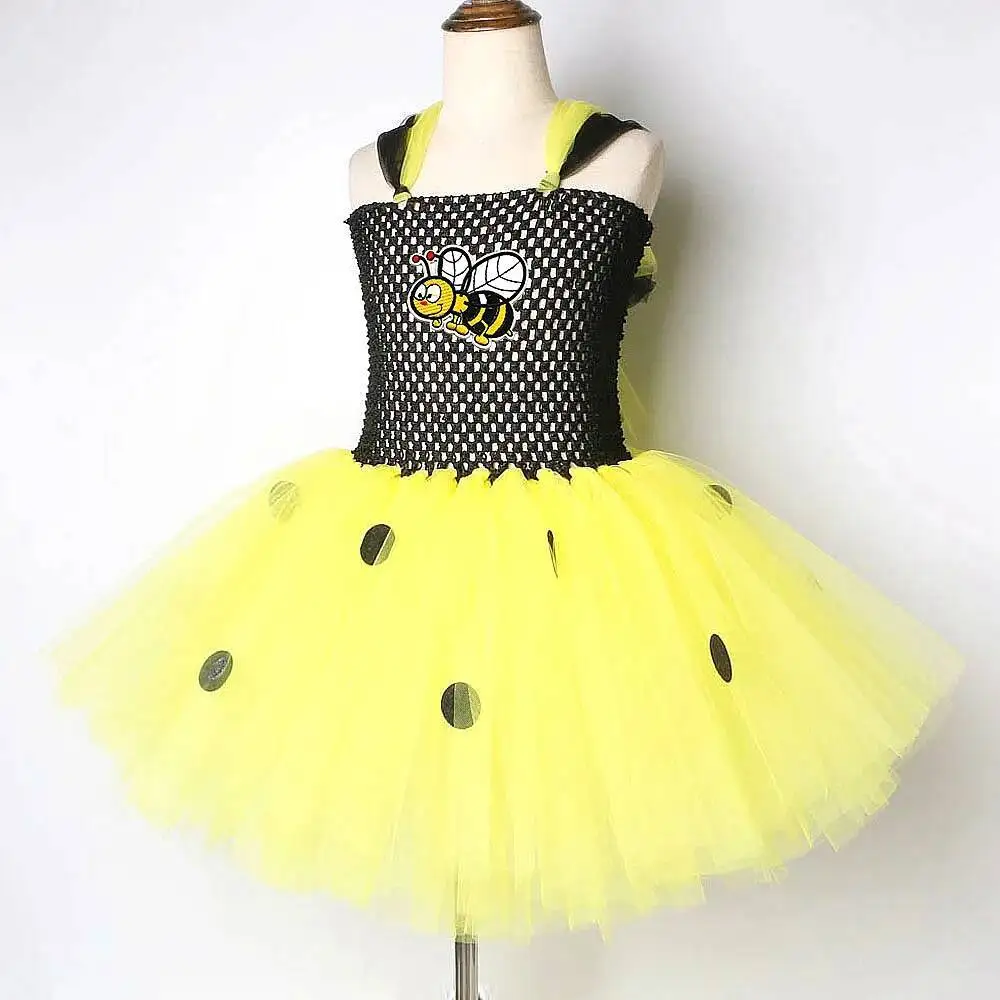Yellow Honeybee Costumes for Girls Bumble Bee Tutu Dress with Wings Kids Birthday Halloween Outfit Children Little Bee Clothes