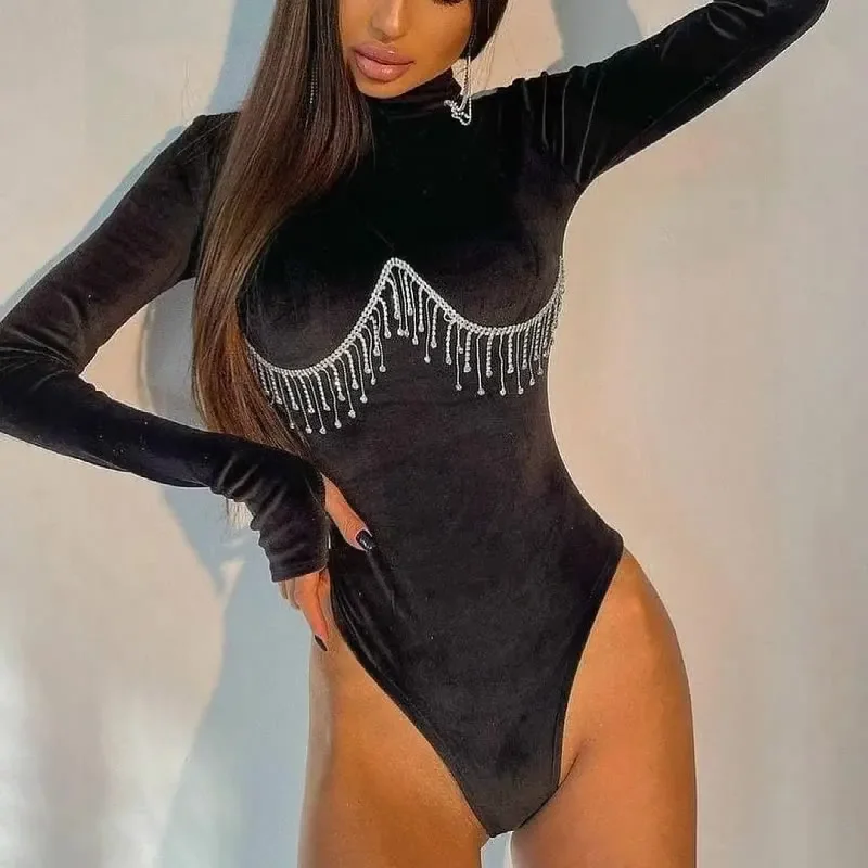 Hoge Kraag Bodysuit Sexy Jazz Gogo Dance Kostuum Strass Franje Jumpsuit Drag Queen Nachtclub Vrouwen Dj Kleding Dnv15798