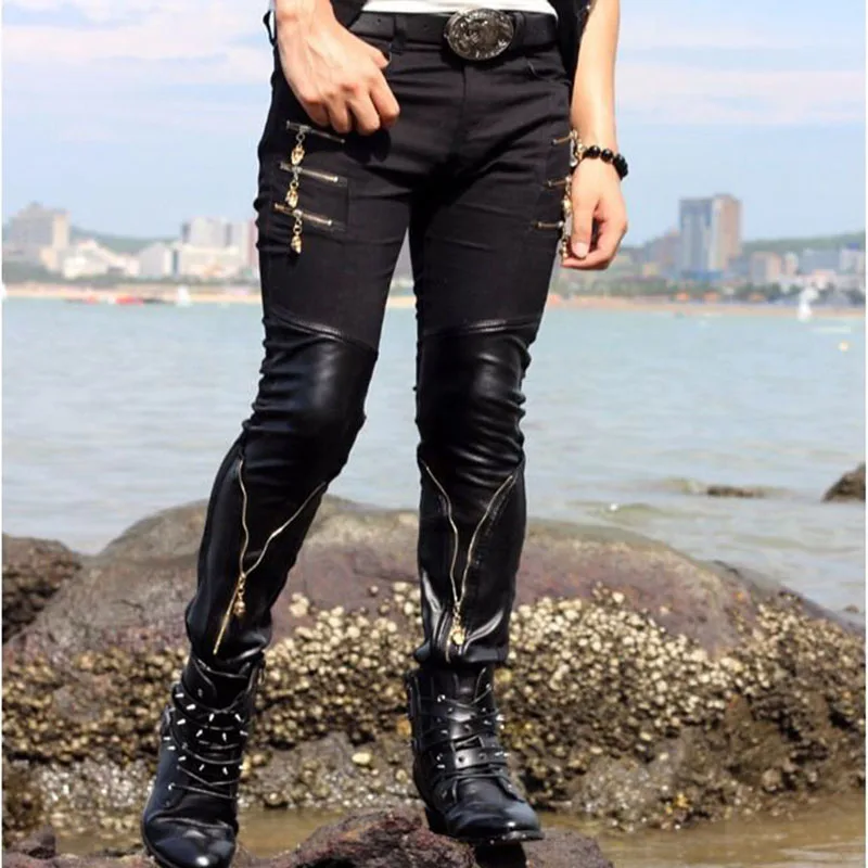 Men's Patchwork Leather Pants Zipper Pencil Pants Half Leather Black Pu Leather Trousers for Male