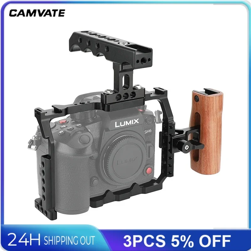 CAMVATE Camera Cage Rig with 3 Cold Shoe Mounts & Aluminum Top Handle & Side Wooden Handle Grip Special For Panasonic Lumix GH6