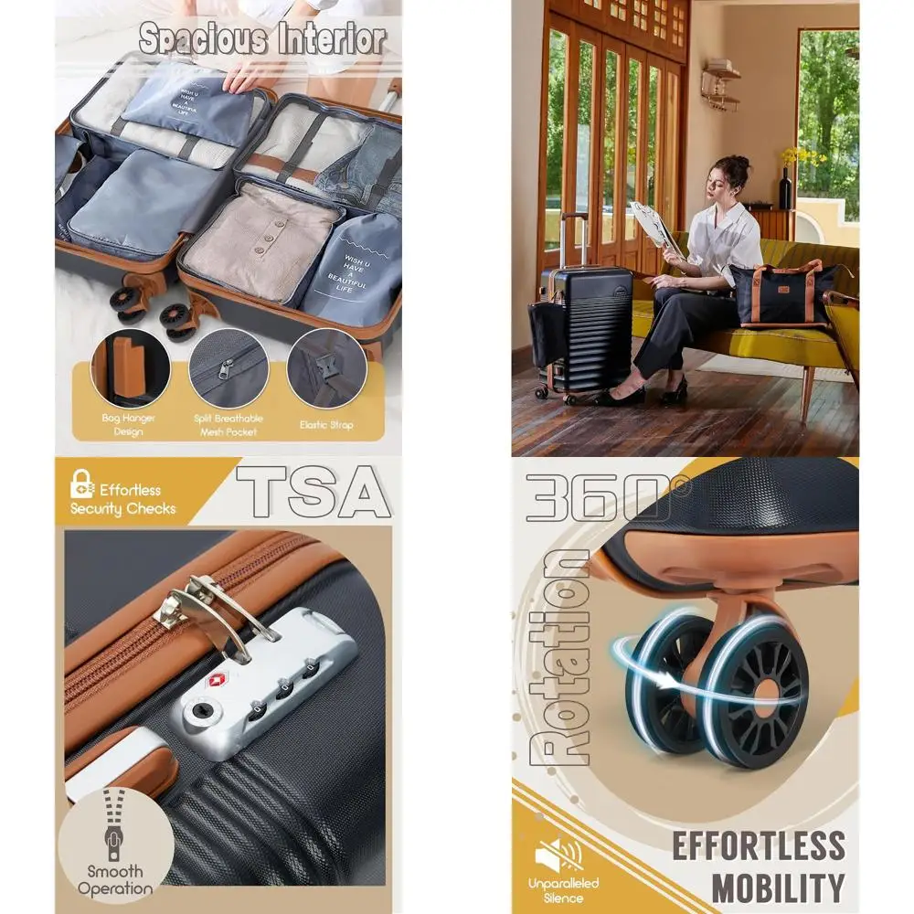 

Набор из 5 предметов: чемоданы с жестким корпусом на колесах, ручная кладь, материал ABS, замок TSA, все необходимое для путешествий