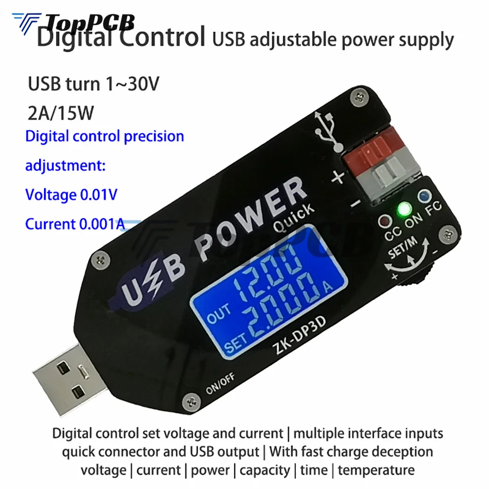 ZK-DP3D CNC USB TYEPE-C DC DC Converter CC CV 1-30V 2A 15W Power Module Adjustable Regulated power supply QC2.0 3.0 AFC