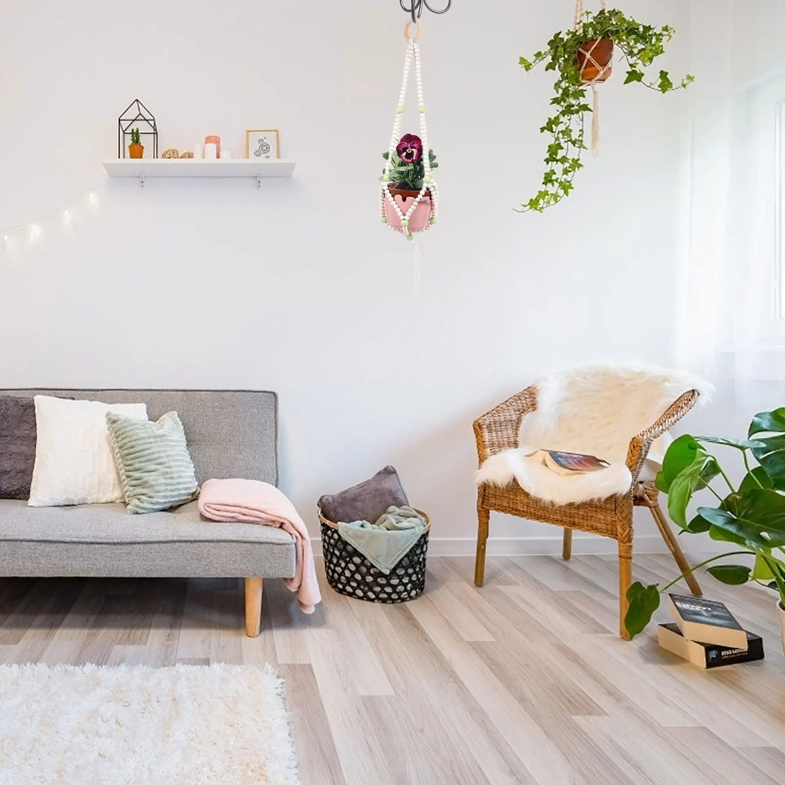 

Wood Beaded Macrame Plant Hanger Wall Mount Nordic Style Flowerpot Holder Indoor Outdoor Decorative Hanging Macrame Plant Hanger