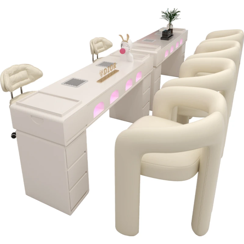 White Kawaii Manicure Table Workstation Design Aesthetic Modern Nail Table Vacuum Cleaner Scrivania Per Unghie Salon Furniture