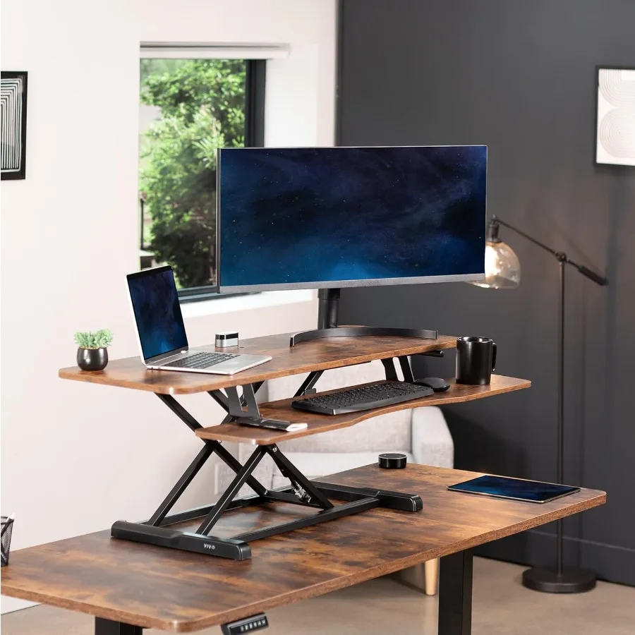 48 inch Height Adjustable Sit to Stand Desk Converter with Dual Monitor and Laptop Workstation Wide Keyboard Tray Rustic Vintag