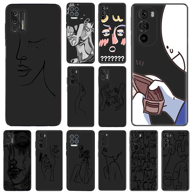 Matte Phone Case for Motorola Moto G31 G50 G30 G51 G60 G71 G22 G32 G52 G72 G53 G73 G9 Unique Girl Face Black Line Art Soft Cover