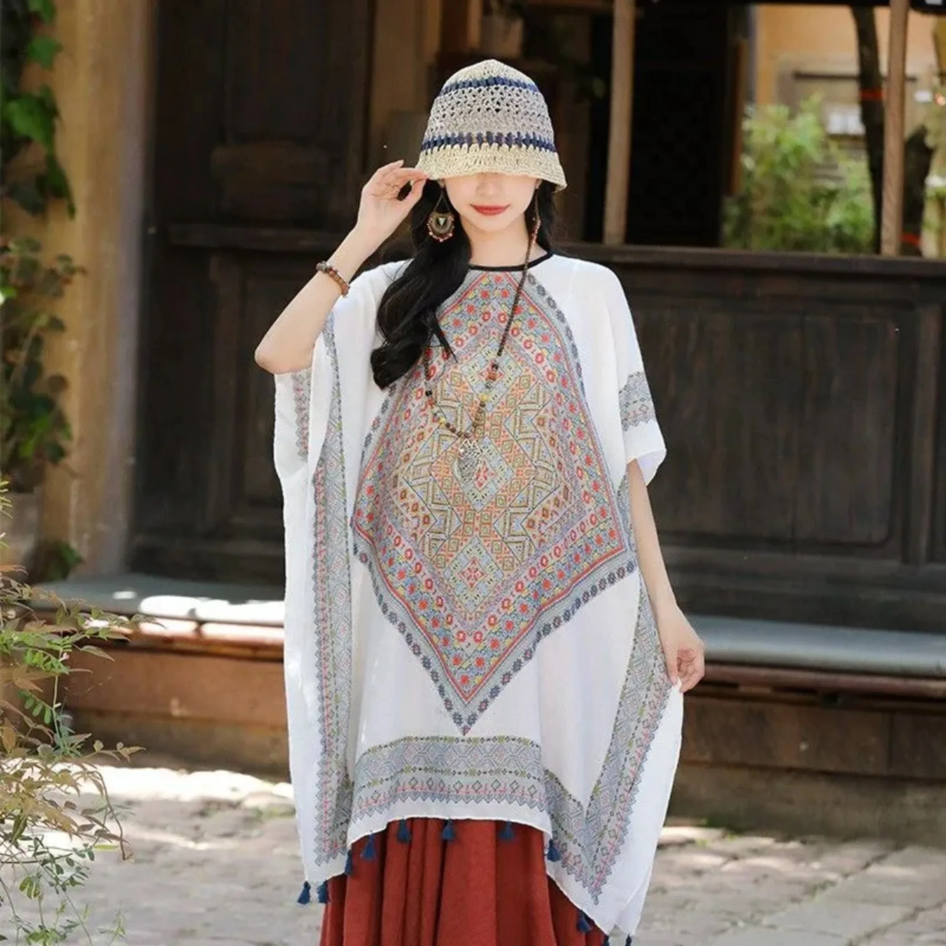 Bohemian Cape Scarf - UPF Sun Shawl for Women, Ethnic Fringe Summer Wrap, Travel Photography Accessory