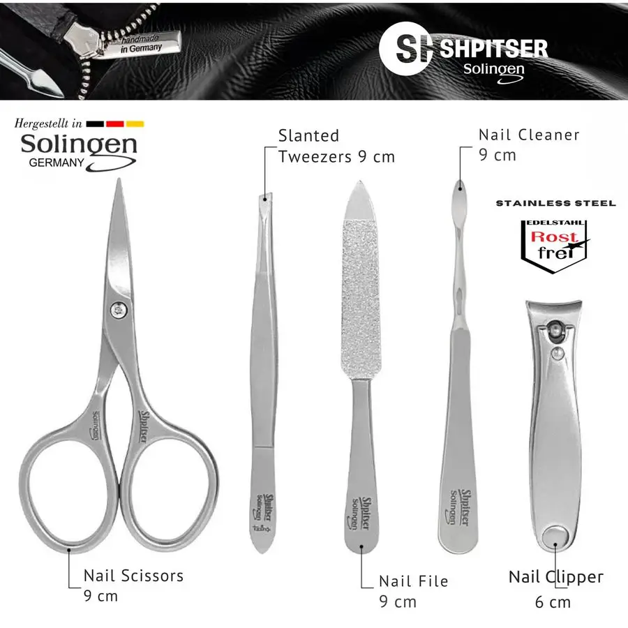 Manicure and Pedicure Set of 5 Surgical Stainless Steel Instruments, Made in Solingen, Germany, Luxury Topinox Grooming Kit In F